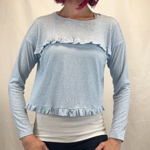LOFT Women's Stripe Ruffle Soft Tee T Shirt Blouse Top M Med Medium Blue White - Picture 1 of 13